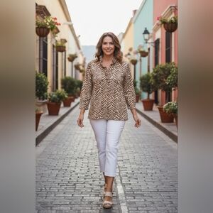 J. McLaughlin Durham Ruffle Catalina Cloth Brown Cream Zebra Print Top Medium